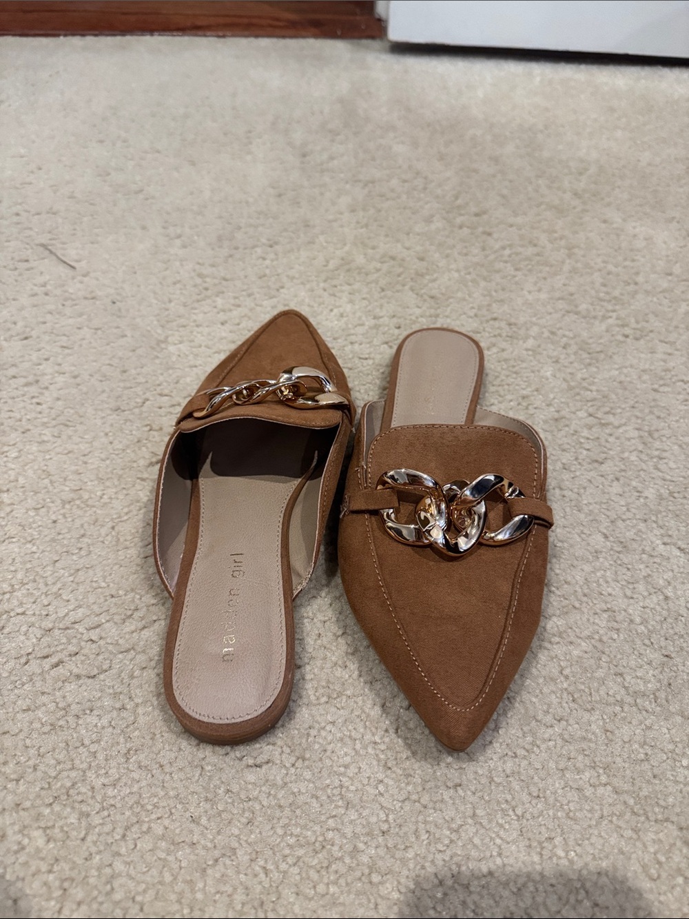 Madden Girl Brown Suede Pointed Toe Chain-Accent Slide Mules
